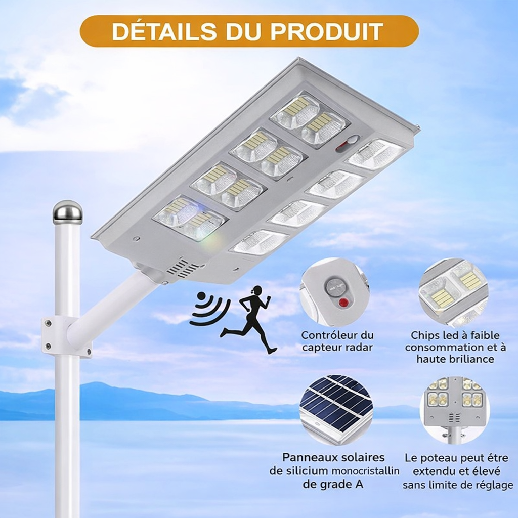 Lampadaire Solaire LED Haute Puissance 2000W  – Éclairage Extérieur Ultra-Puissant, Autonome & Économique